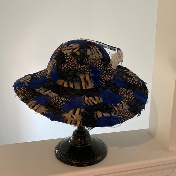 VTG Rare Jack McConnell Feather Hat. 100% Wool. Blue/Black Multi Feathers - Picture 6 of 16